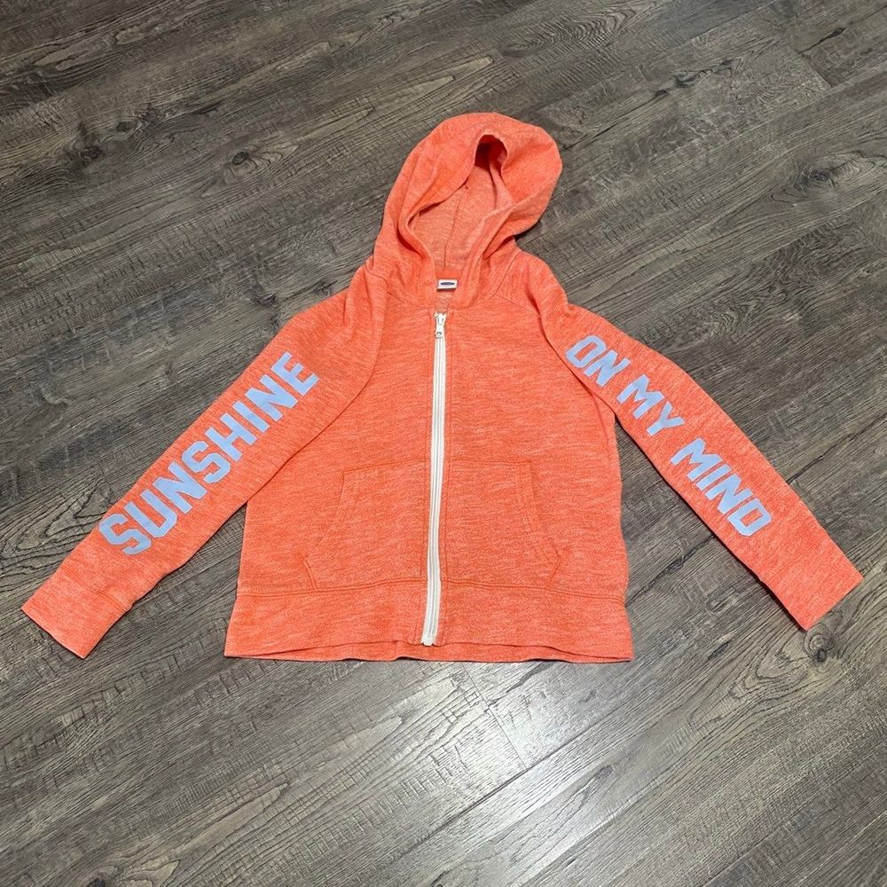 Old Navy “Sunshine On My Mind” Orange Hooded Zip Up Sweater Size Small 6/7